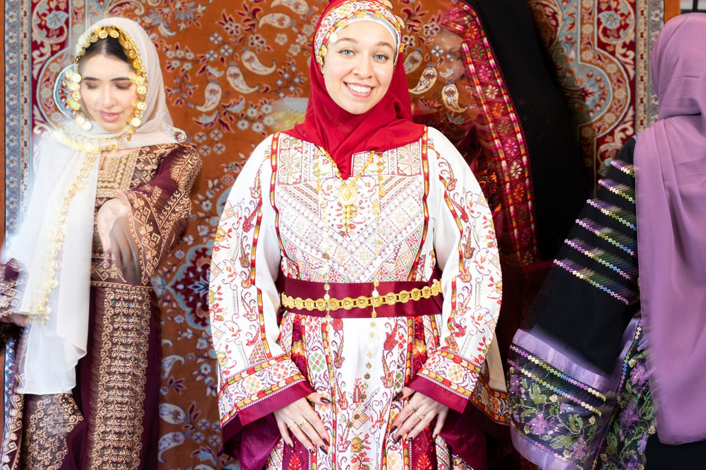 The Lamees Thobe - Bridal White and Burgundy Traditional Full tatreez Back and Front Thobe With Matching Head Veil