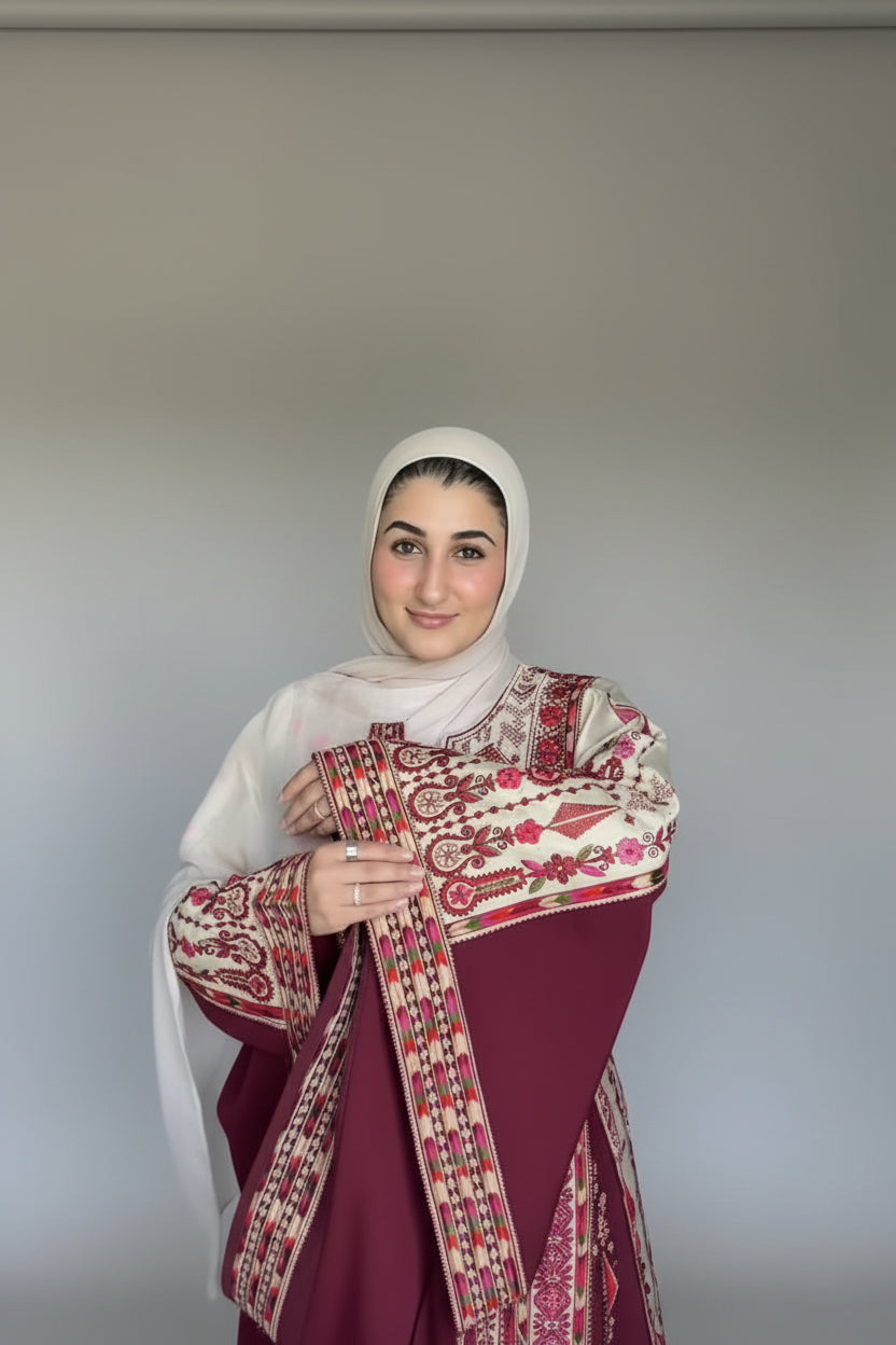 The Celine Thobe - Majestic | Burgundy & Beige | Palestinian Tatreez Thobe/Dress