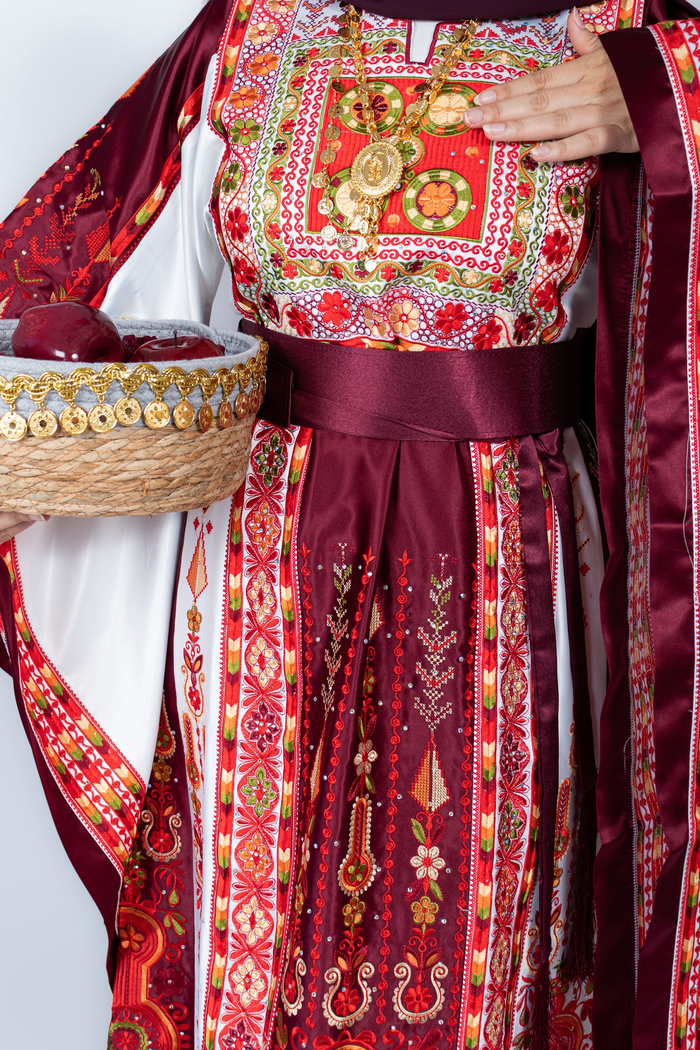 The Celine Thobe - Palestinian Embroidered White & Burgendy Thobe with Matching Head Veil, Belt & Extra Long Sleeves | Traditional Tatreez Dress