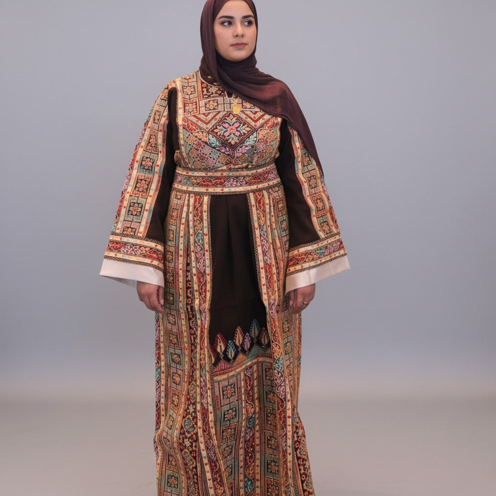 The Shaima Thobe - Brown & Beige Traditional Full Tatreez Back and Front Thobe With Matching head Veil