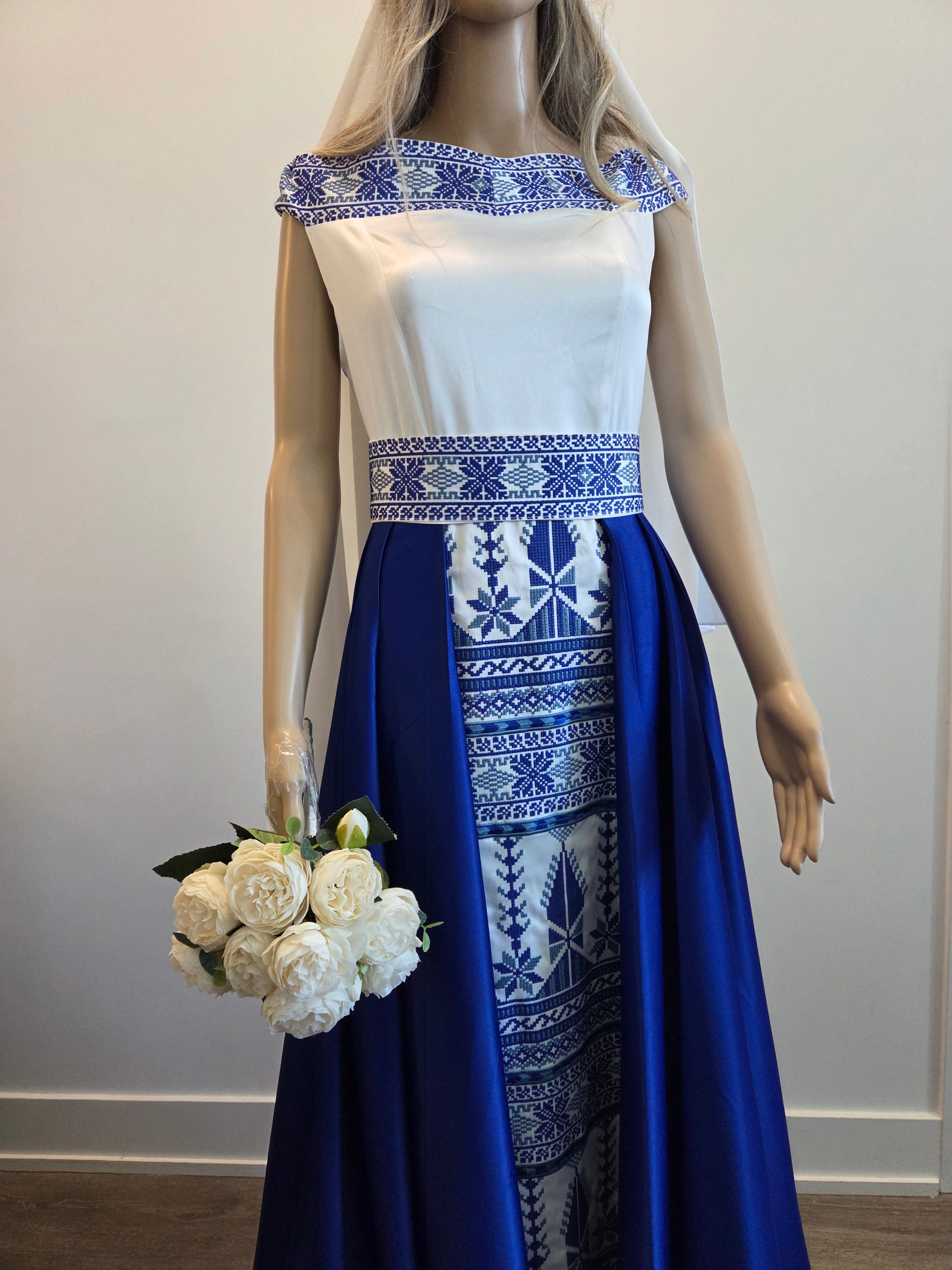 The Yaffa Thobe - Henna Blue and White Tatreez Bridal Sleeveless Long Train Thobe dress