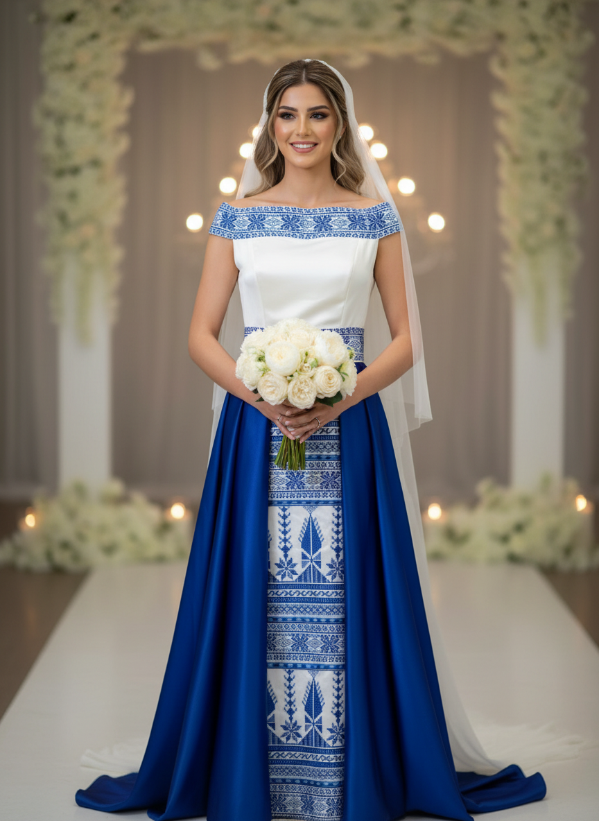 The Yaffa Thobe - Henna Blue and White Tatreez Bridal Sleeveless Long Train Thobe dress
