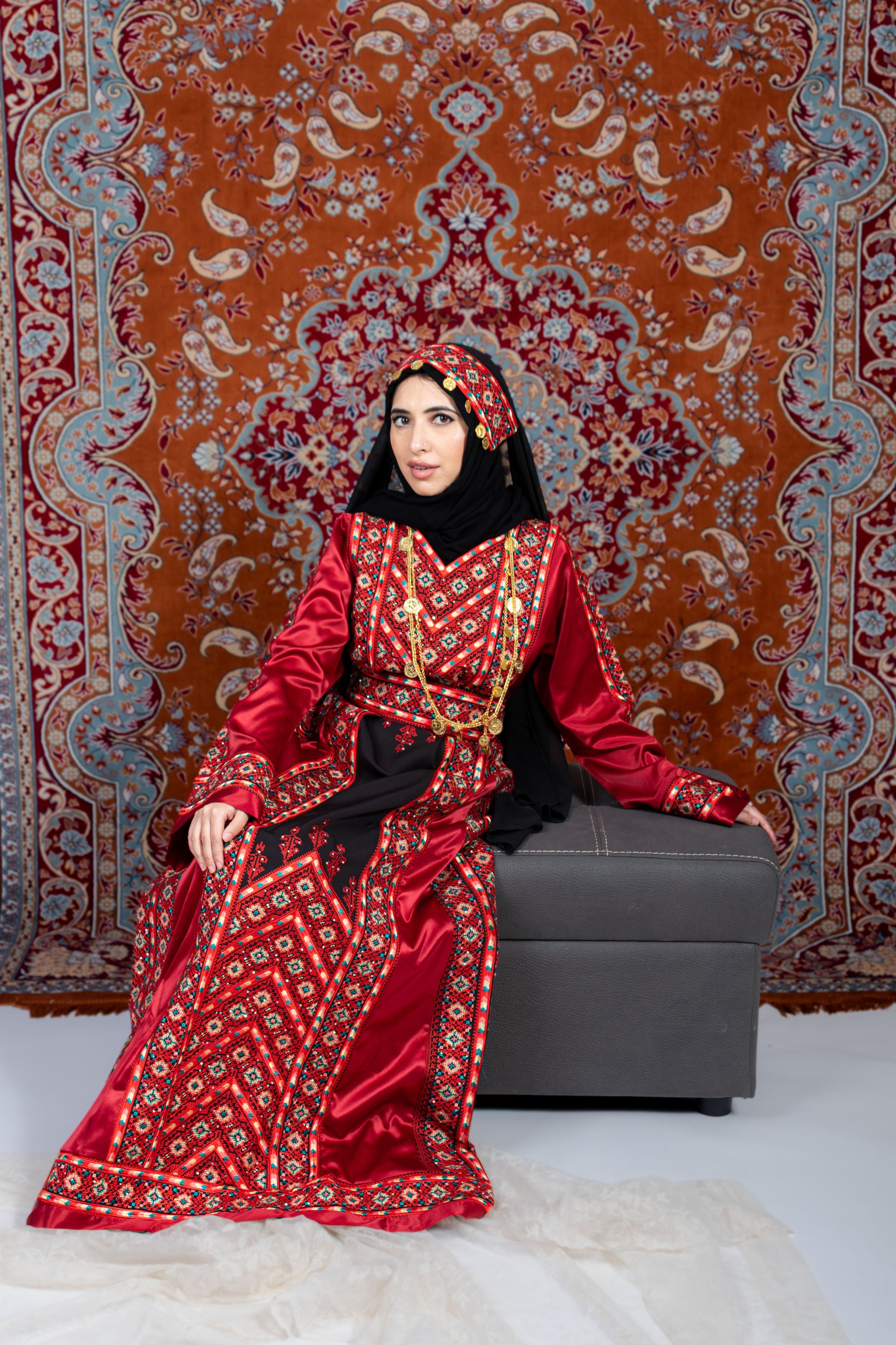 Nabuls Thobe - Black and Red Traditional Full Tatreez Back and Front Thobe