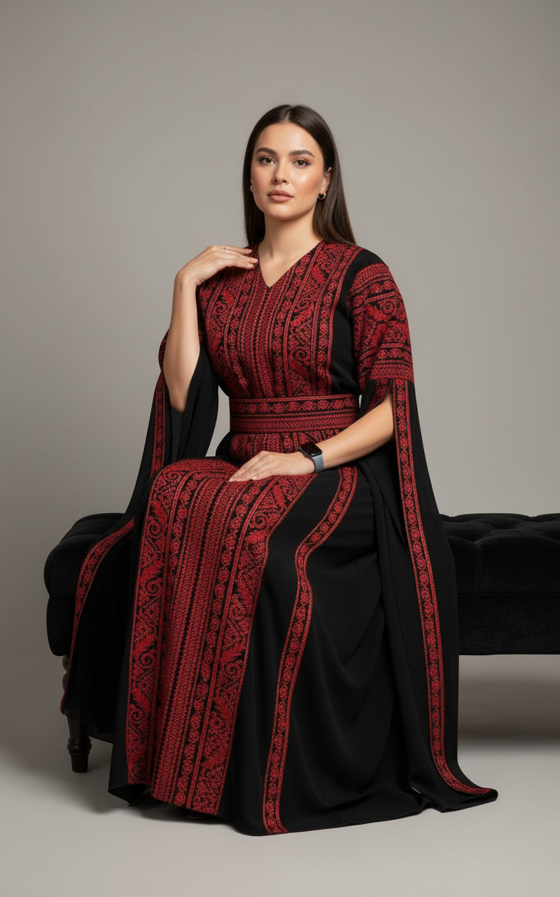 Al Tulkarem Thobe - Black & Red Extra Long Sleeve Full Embroidered Palestinian Thobe (3 pieces)