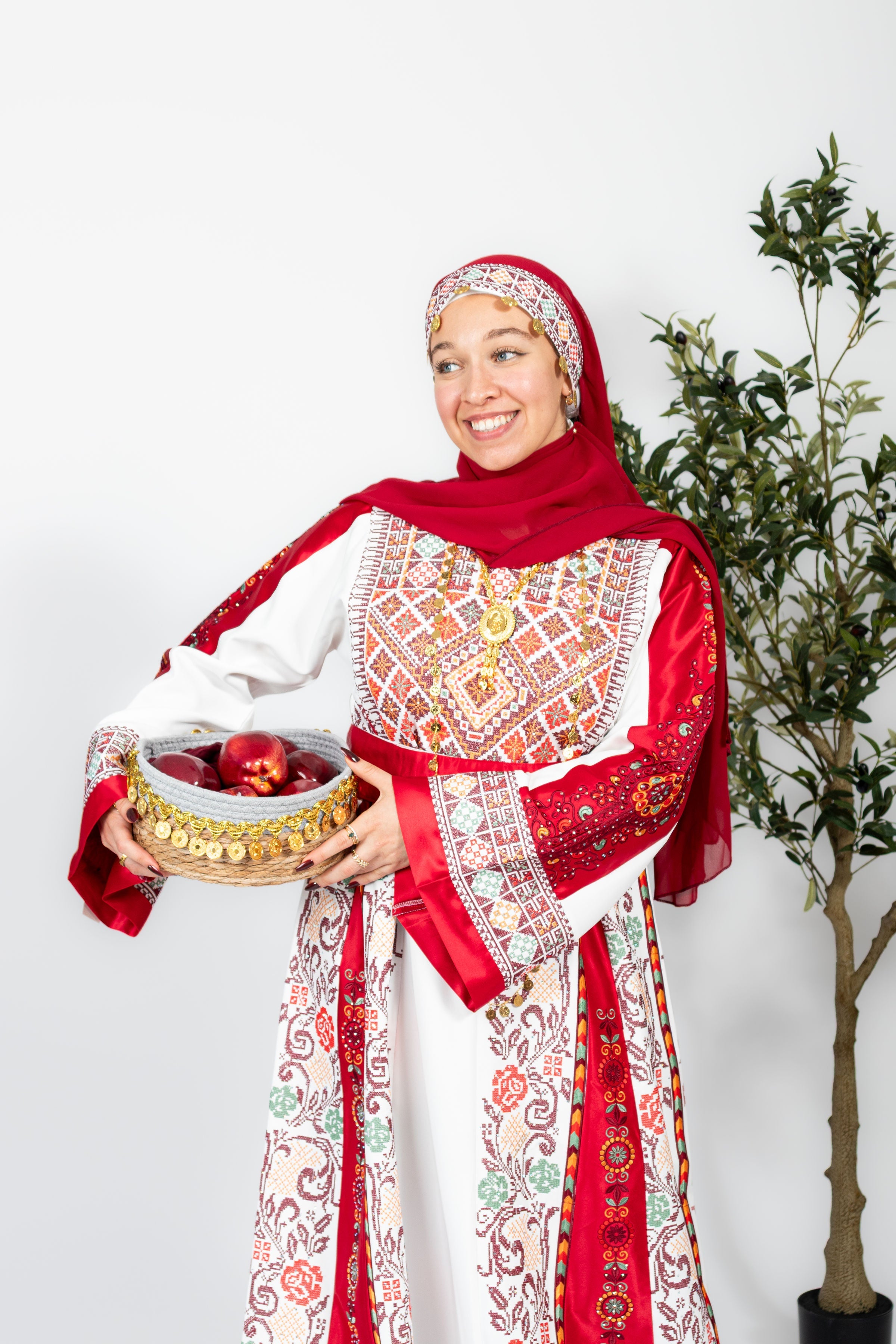 The Nisma Thobe - Bridal White and Red Traditional Full tatreez Back and Front Thobe With Matching Head Veil