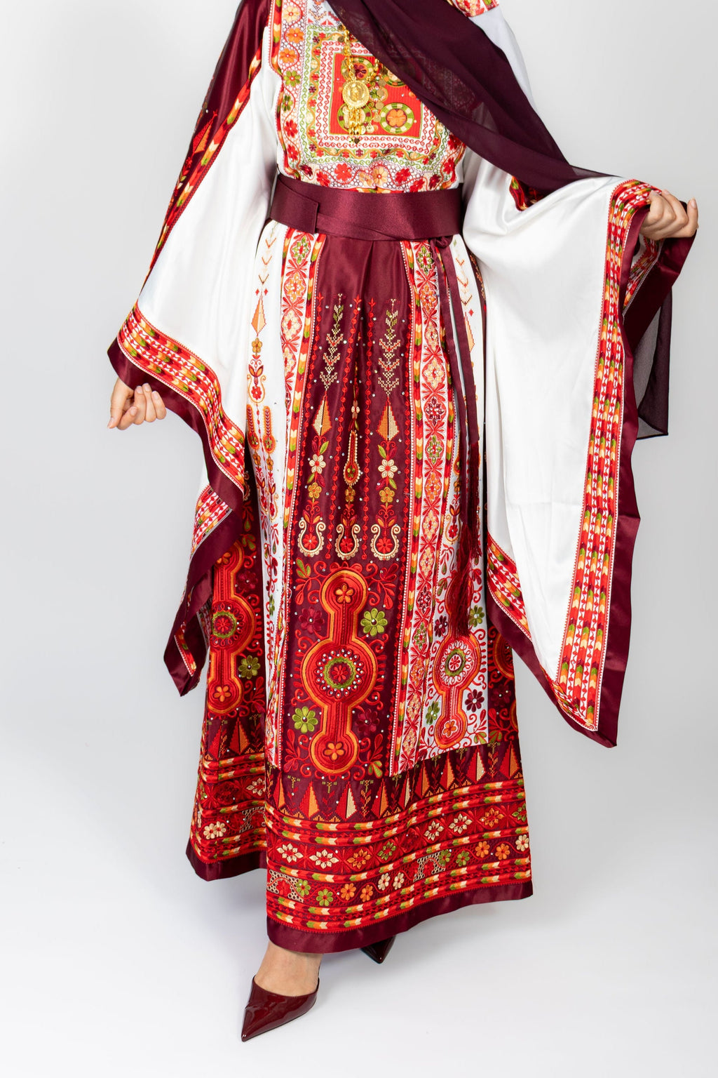 The Celine Thobe - Palestinian Embroidered White & Burgendy Thobe with Matching Head Veil, Belt & Extra Long Sleeves | Traditional Tatreez Dress
