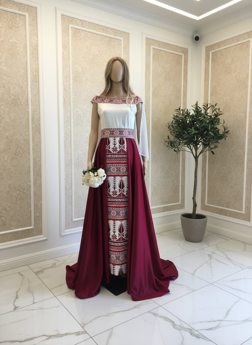 'The Yaffa Thobe - Burgundy and White Bridal sleeveless Off Shoulder Long Train Thobe Dress
