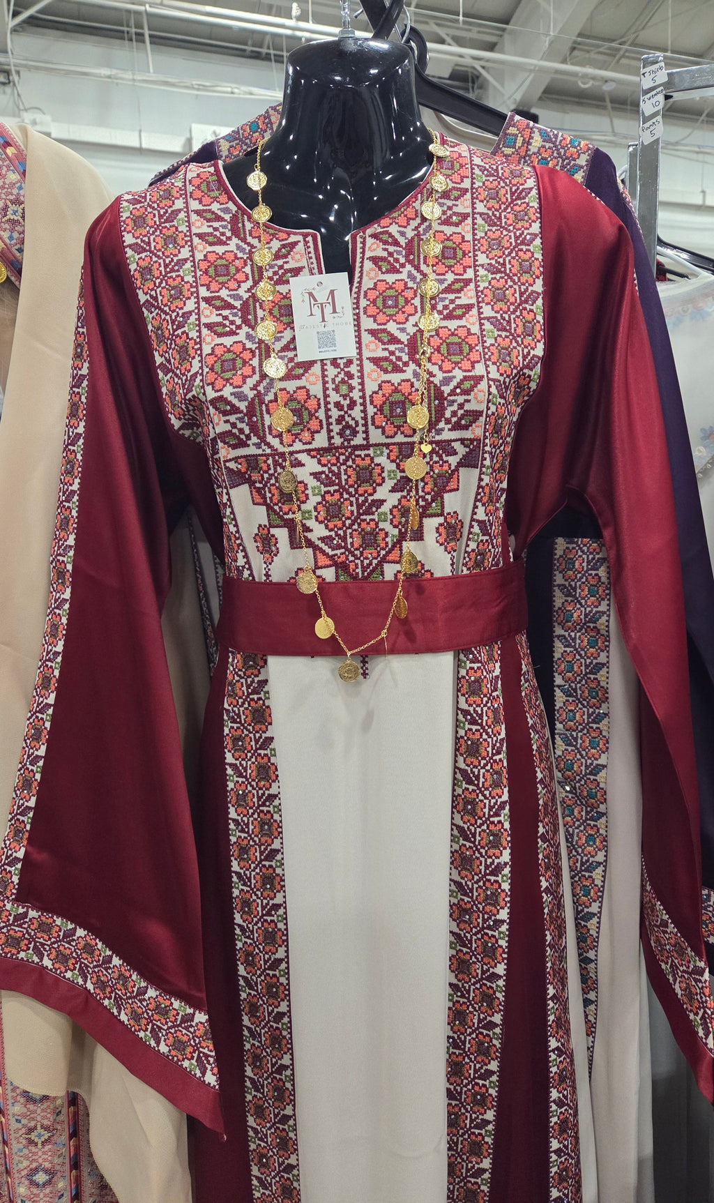 The Poppy Flower Thobe - Burgundy With Flowers & Sparkle Traditional Long Sleeve Full Embroidered Palestinian Thobe/Dress