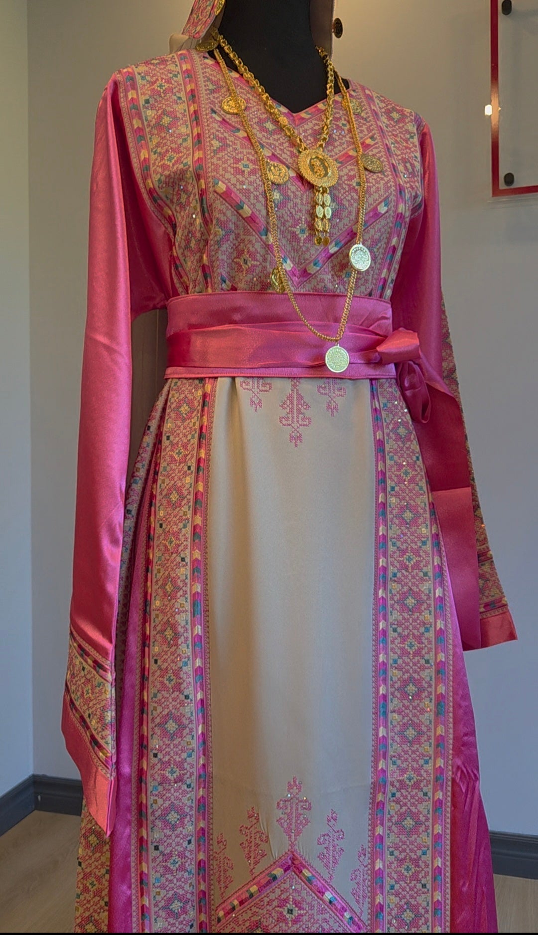 The Nabuls Thobe - Hot Pink and Beige Traditional Full Tatreez Back and Front Thobe