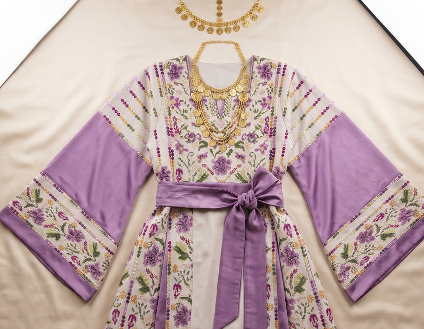The Lelia Thobe - Luxurious | Lilac & Beige | Palestinian Tatreez Thobe/Dress