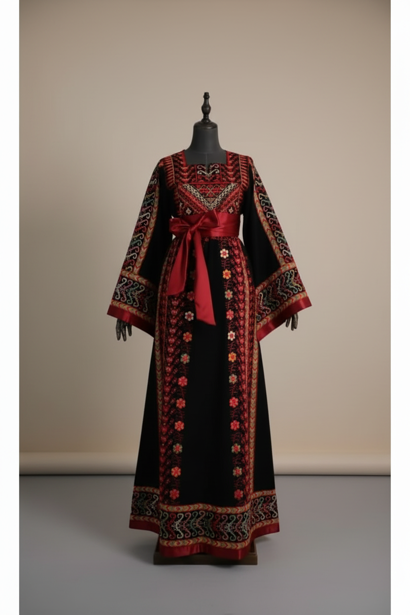 The Reema Thobe – Luxurious Black & Red Sparkle Full Tatreez Palestinian Embroidered Thobe