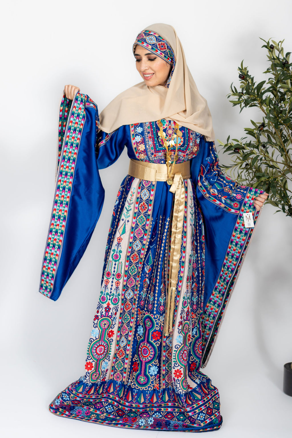 The Celine Thobe - Palestinian Embroidered Blue & Golden Thobe with Matching Head Veil, Belt & Extra Long Sleeves | Traditional Tatreez Dress
