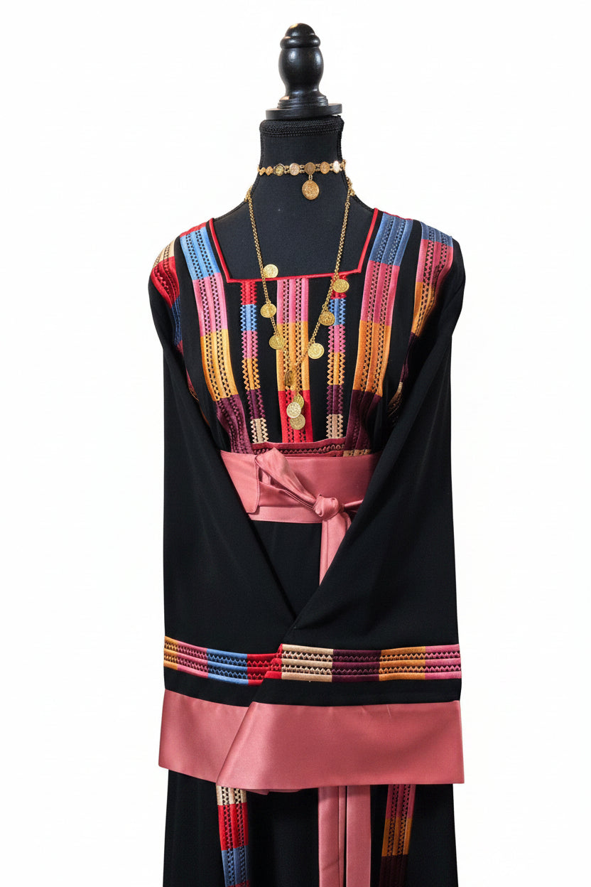 The Lara Thobe - Multicolor Satin Pink Sleeve Thobe Tatreez Thobe