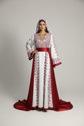 Leyla Thobe Bridal White and Red Traditional Full tatreez Back and Front Thobe With Matching head Veil