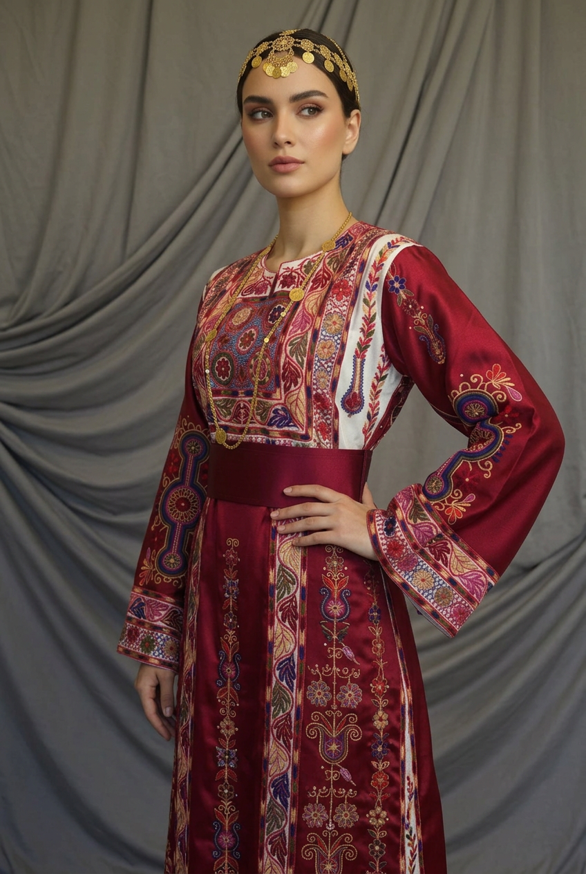 The Farah Thobe - Majestic | Burgundy | Palestinian Tatreez Thobe/Dress