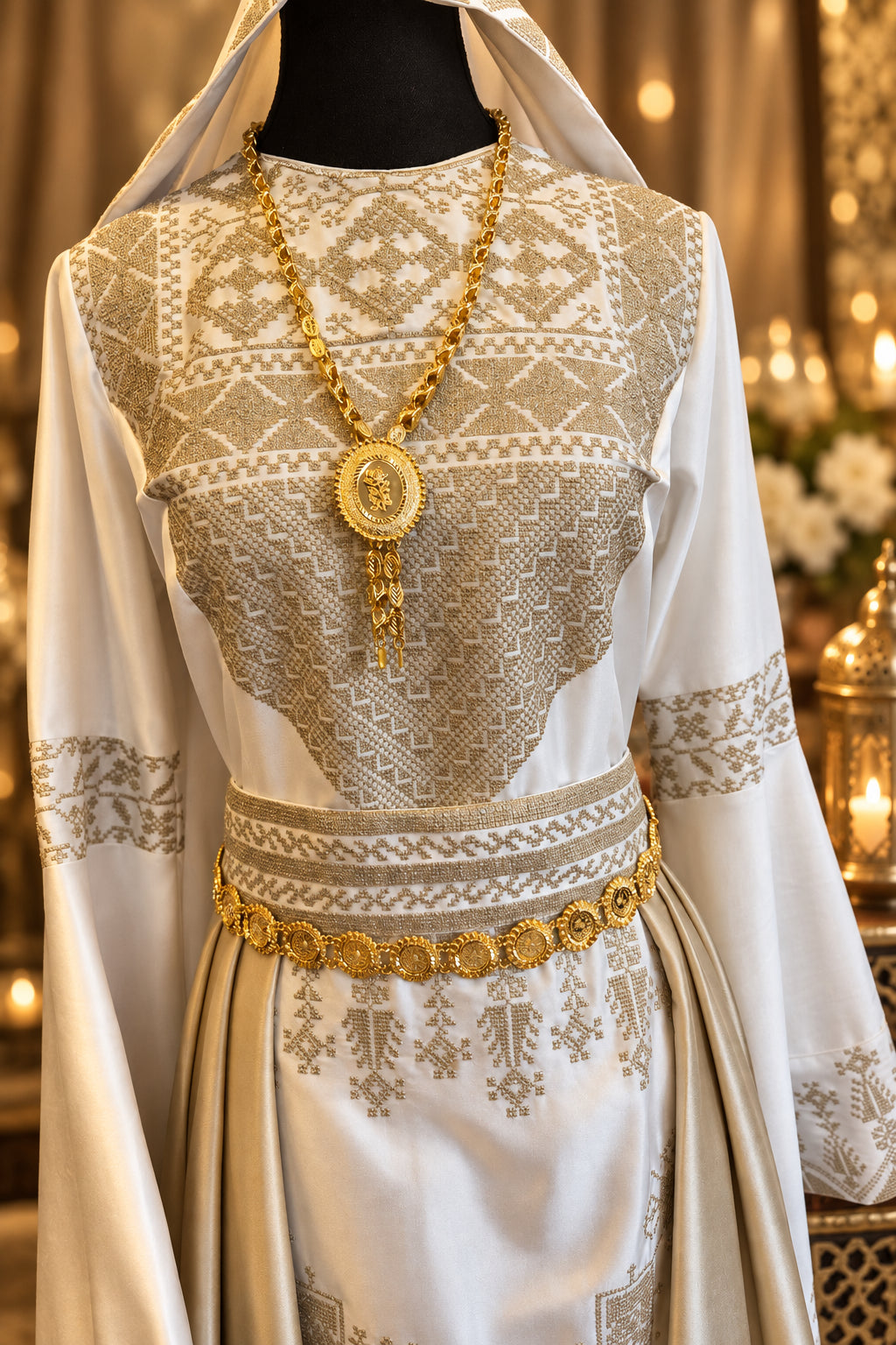 The Leen Thobe - Luxurious | Golden & White | Palestinian Tatreez Thobe/Dress