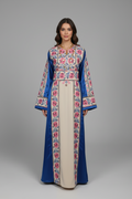 Warda Thobe - Blue & Pink Traditional Full Tatreez Back and Front With Satin Thobe