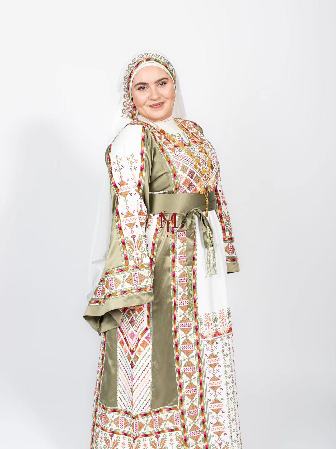 The Ella Thobe -  Green & White Diamond Traditional Full Tatreez Back and Front Thobe With Matching Head Veil