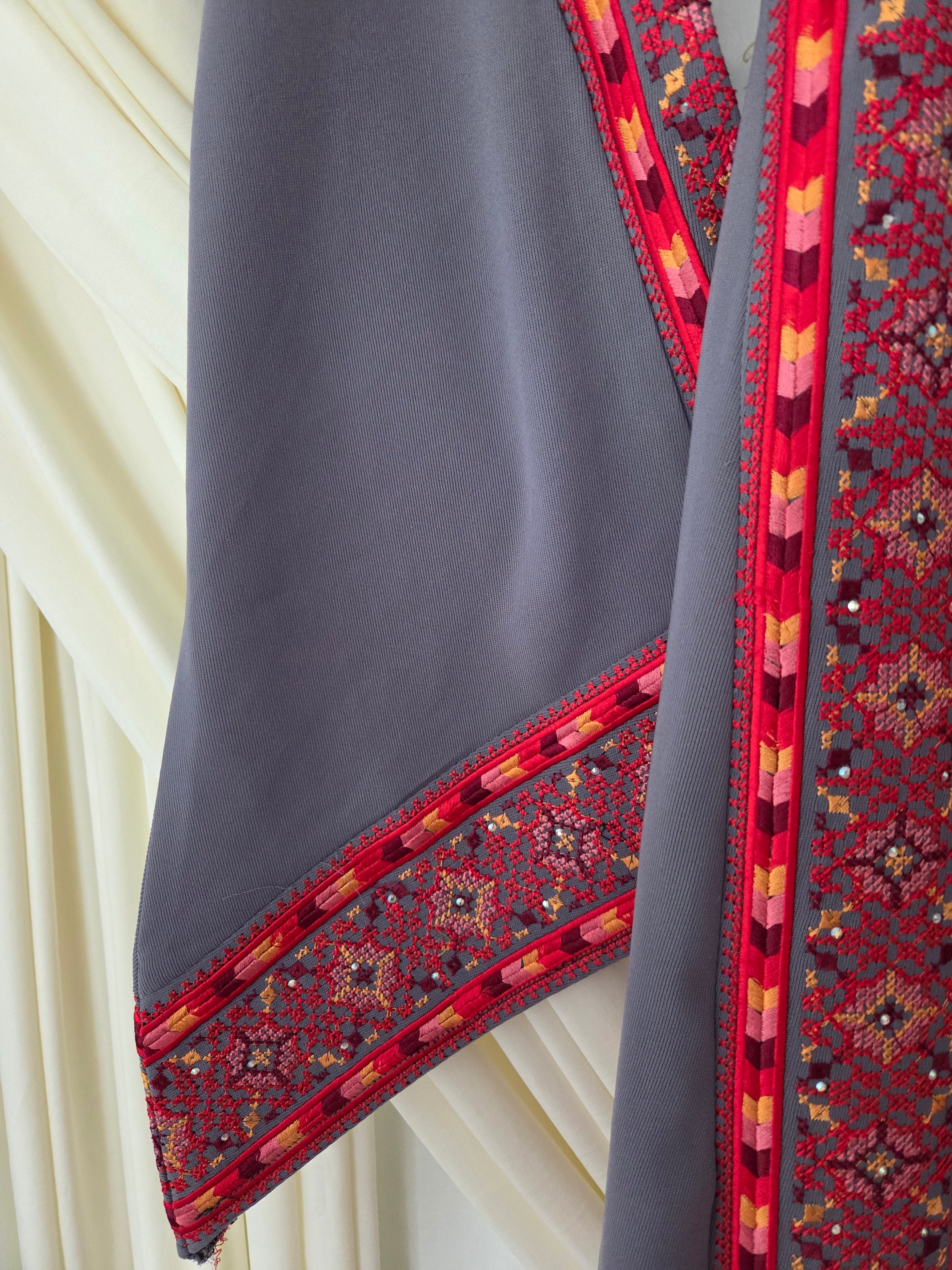 The Nablus Thobe - Orange & Grey Traditional Palestinian Full Tatreez Back and Front Thobe/ Dress