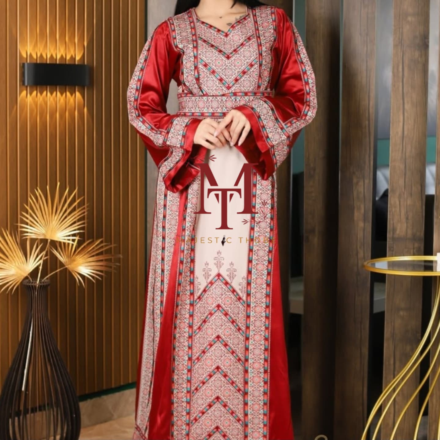 The Nabuls Thobe - Burgundy and Beige Traditional Full Tatreez Back and Front Thobe