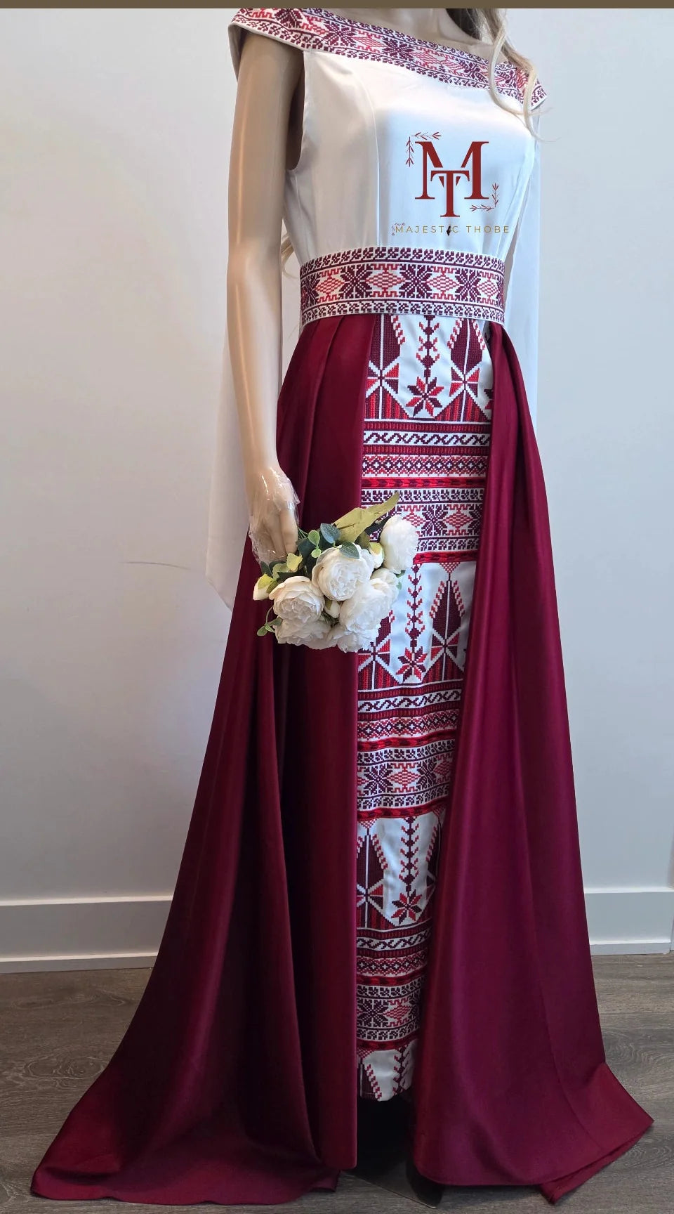 'The Yaffa Thobe - Burgundy and White Bridal sleeveless Off Shoulder Long Train Thobe Dress