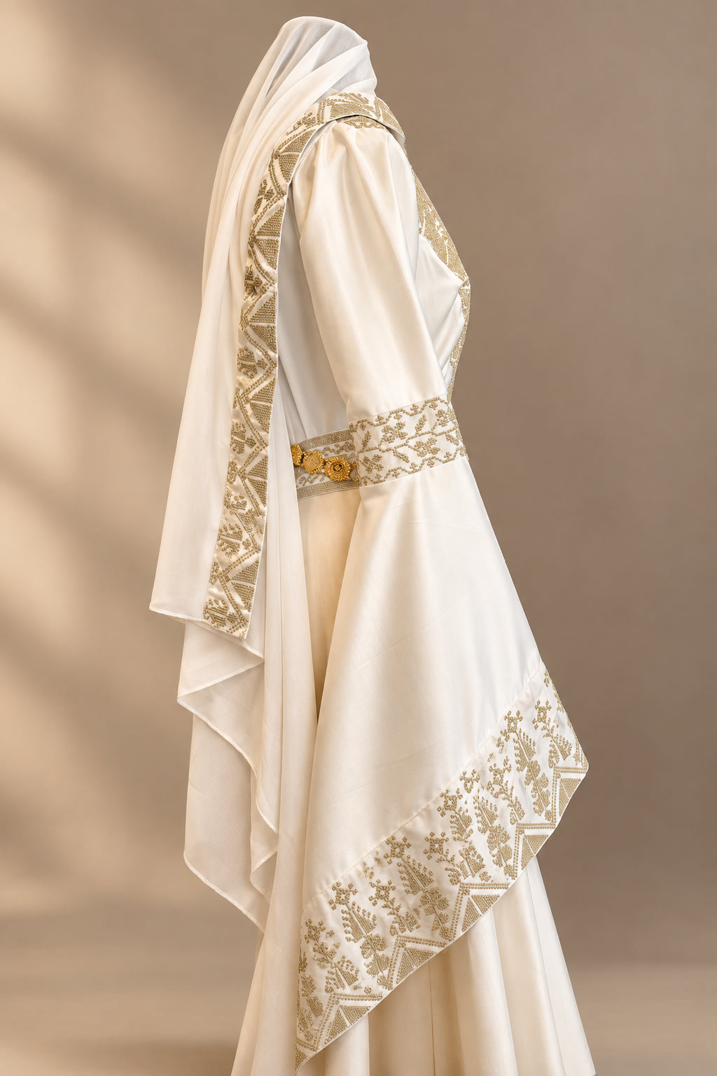 The Leen Thobe - Luxurious | Golden & White | Palestinian Tatreez Thobe/Dress