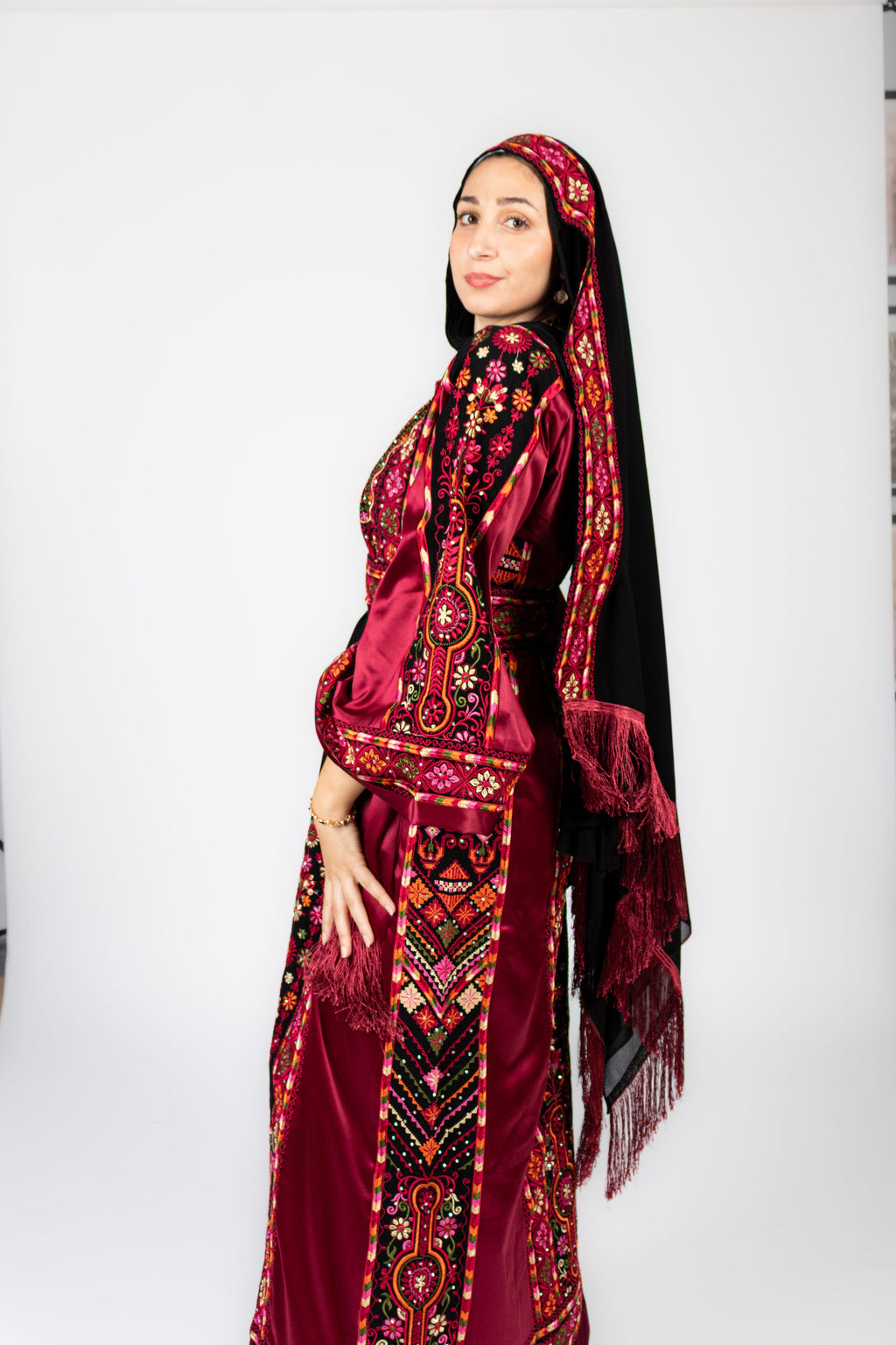 The Diana Thobe - Black & Burgundy Diamond Traditional Full Tatreez Back and Front Thobe With Matching Head Veil
