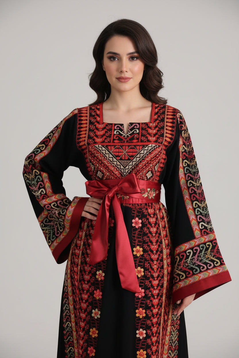 The Reema Thobe – Luxurious Black & Red Sparkle Full Tatreez Palestinian Embroidered Thobe