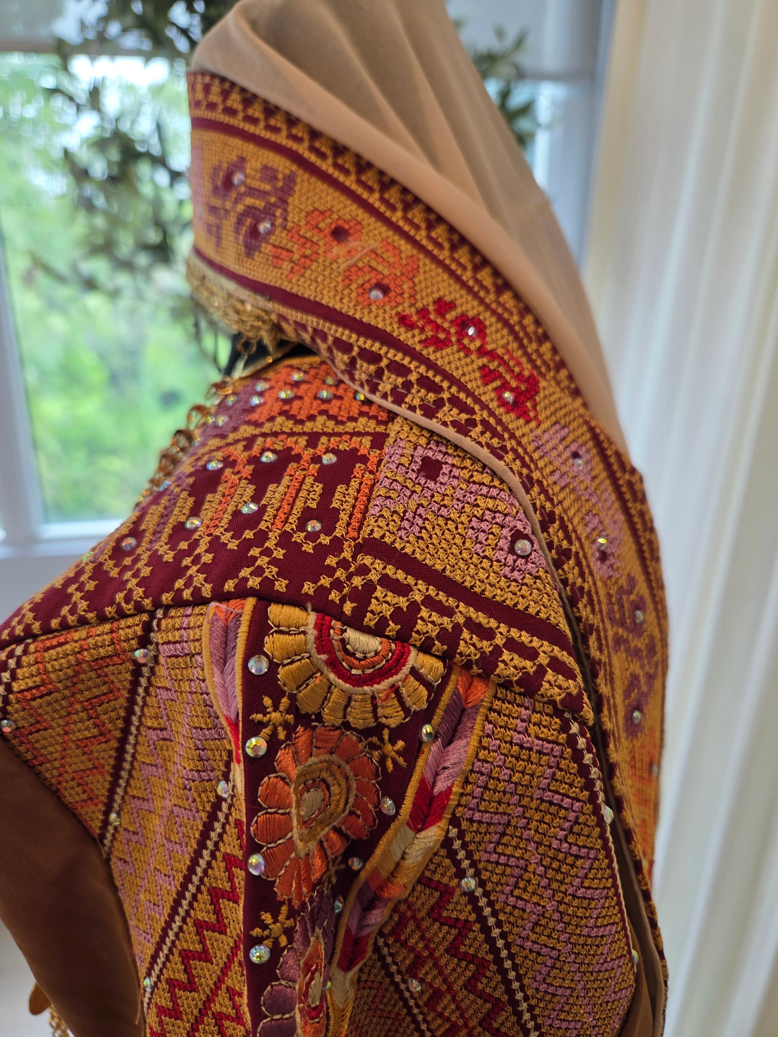 Naya Thobe - Burgundy and Gold Embroidered Tatreez Thobe with Matching Head Veil (Palestinian Thobe/ Dress)