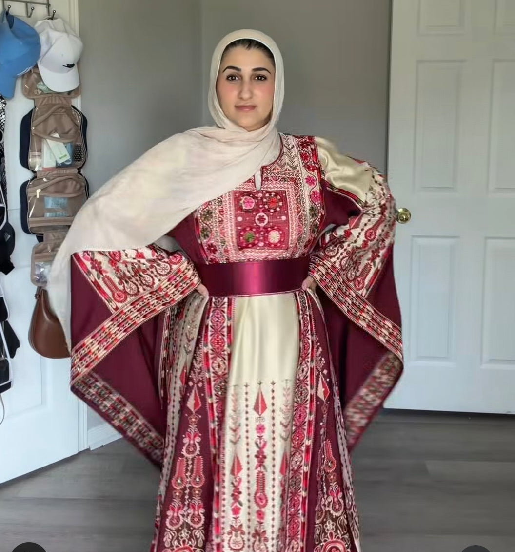 The Celine Thobe - Majestic | Burgundy & Beige | Palestinian Tatreez Thobe/Dress