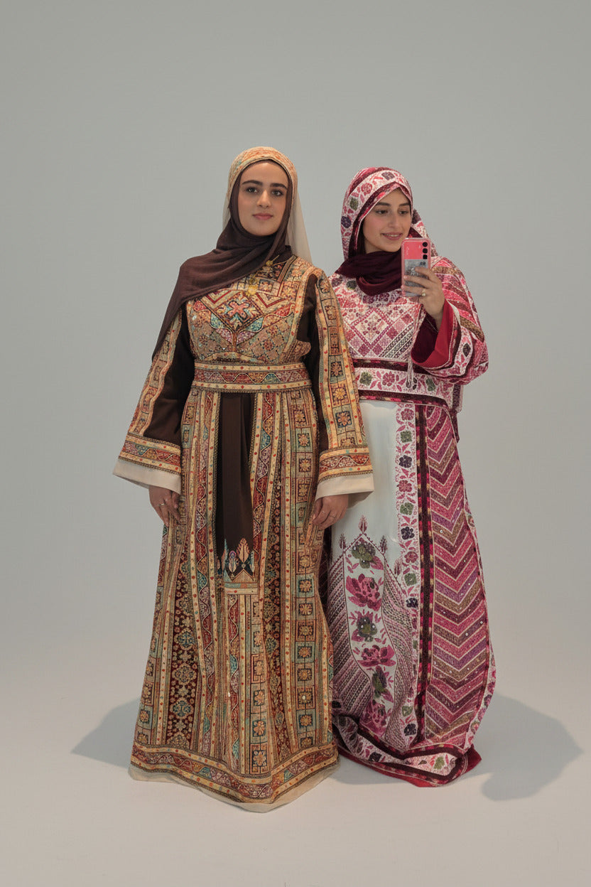 The Shaima Thobe - Brown & Beige Traditional Full Tatreez Back and Front Thobe With Matching head Veil