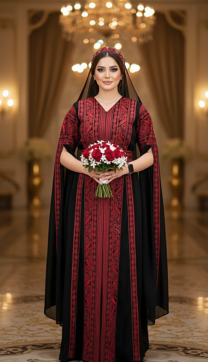 Al Tulkarem Thobe - Black & Red Extra Long Sleeve Full Embroidered Palestinian Thobe (3 pieces)