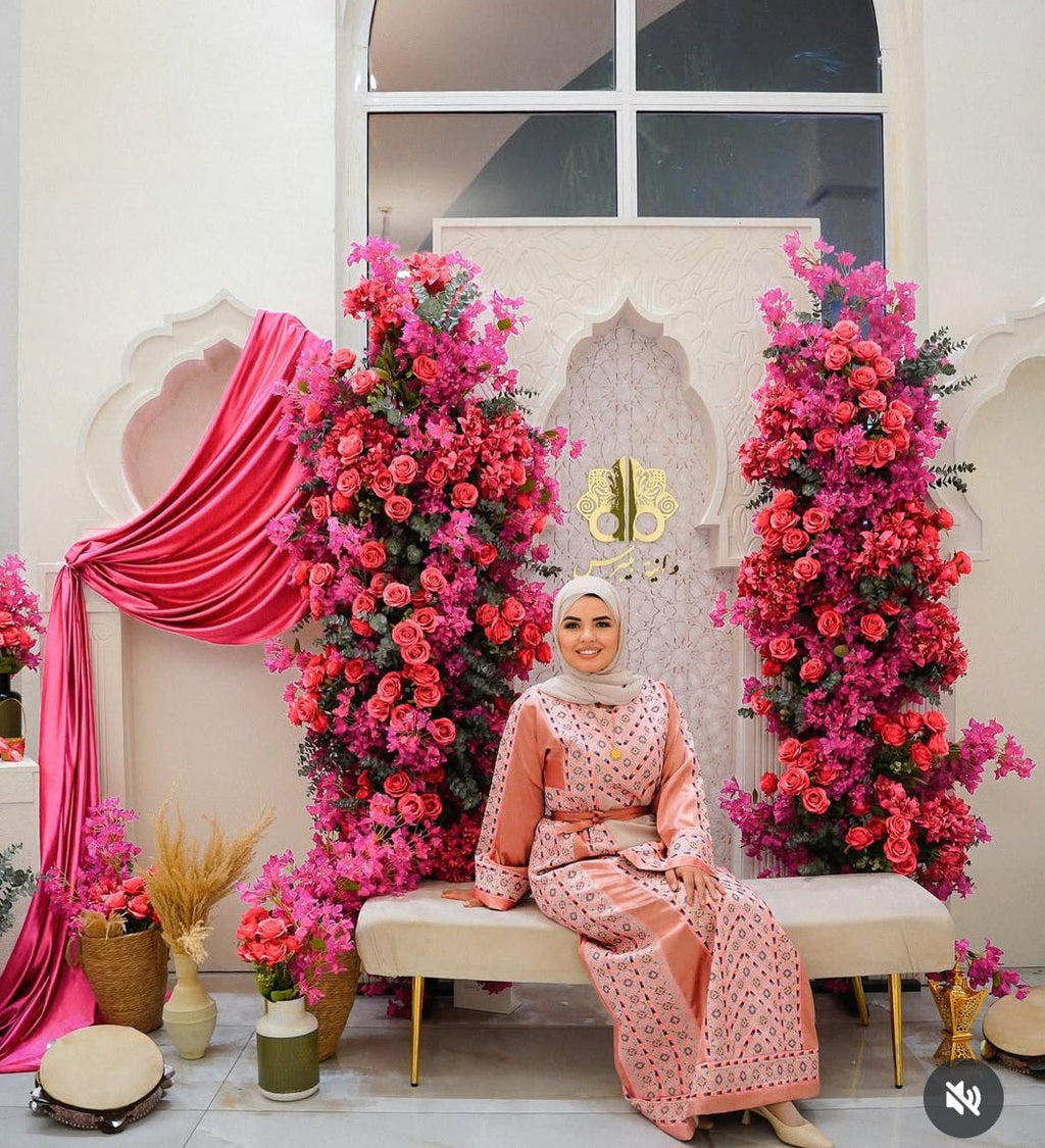 The Nabuls Thobe - Pink and Beige Traditional Full tatreez back and front Thobe (No veil)
