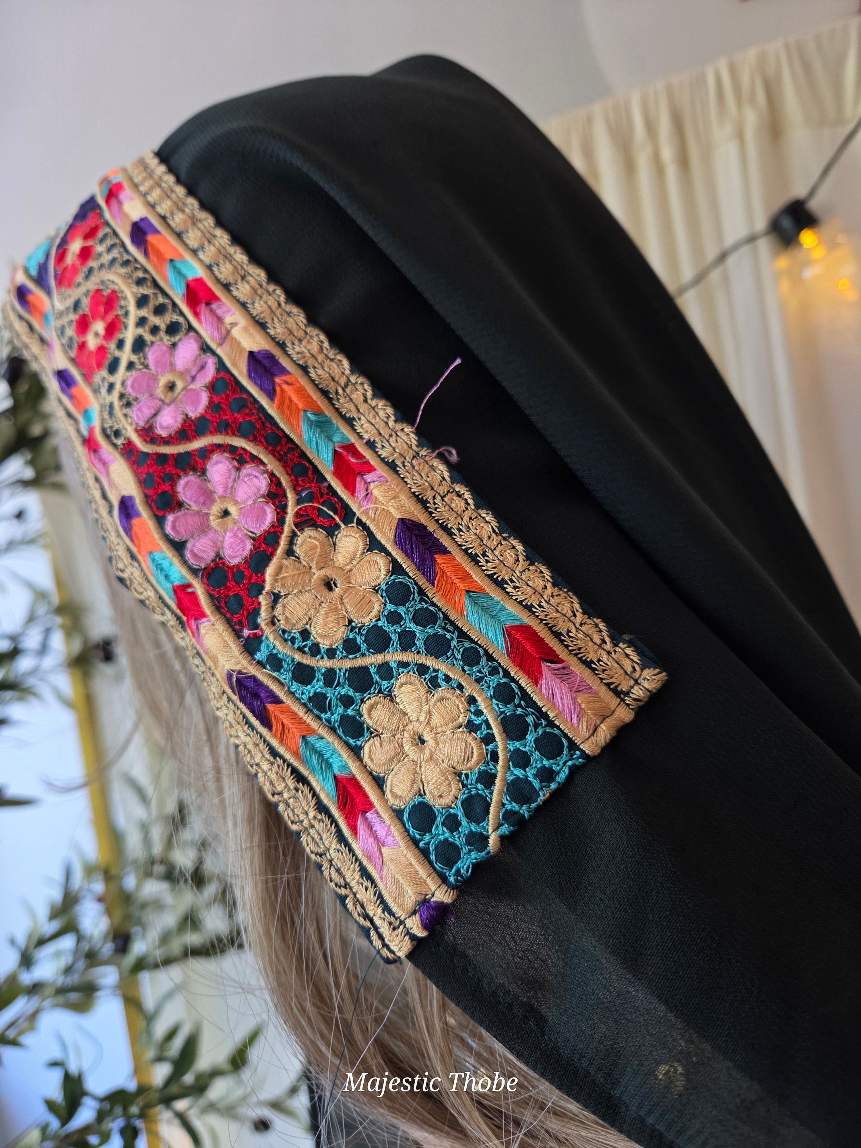 The Lujian Thobe - Green and Beige Diamond Traditional Full Tatreez Back and Front Thobe With Matching Head Veil