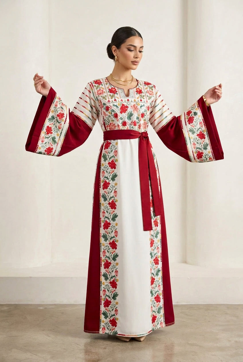 The Lelia Thobe - Luxurious | Red & Beige | Palestinian Tatreez Thobe/Dress