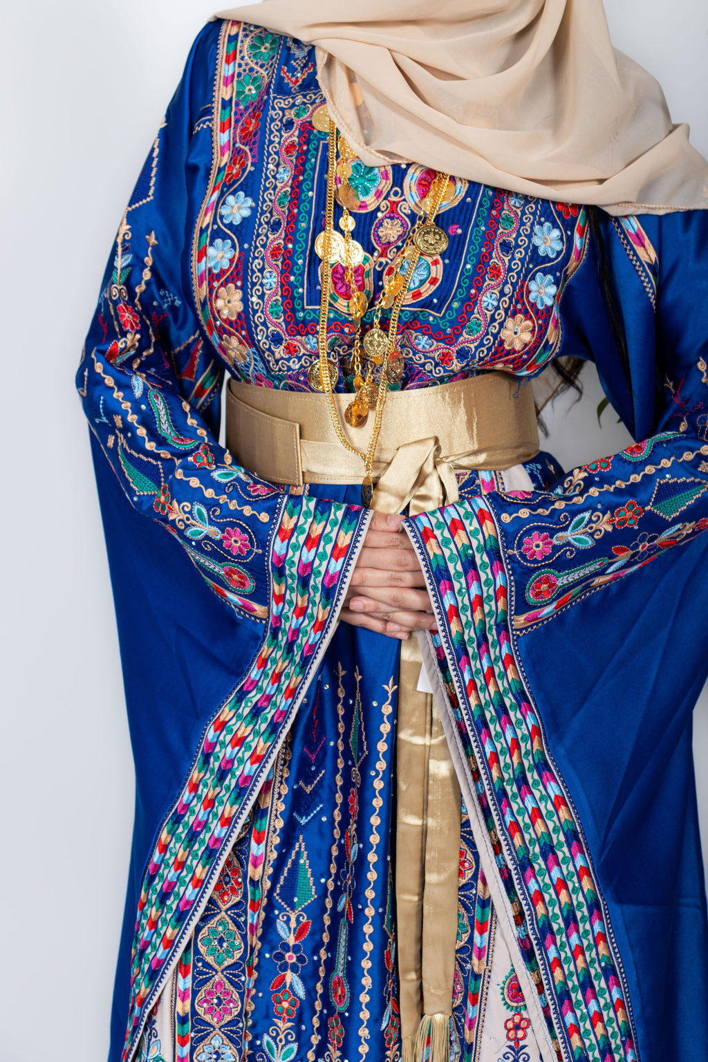 The Celine Thobe - Palestinian Embroidered Blue & Golden Thobe with Matching Head Veil, Belt & Extra Long Sleeves | Traditional Tatreez Dress