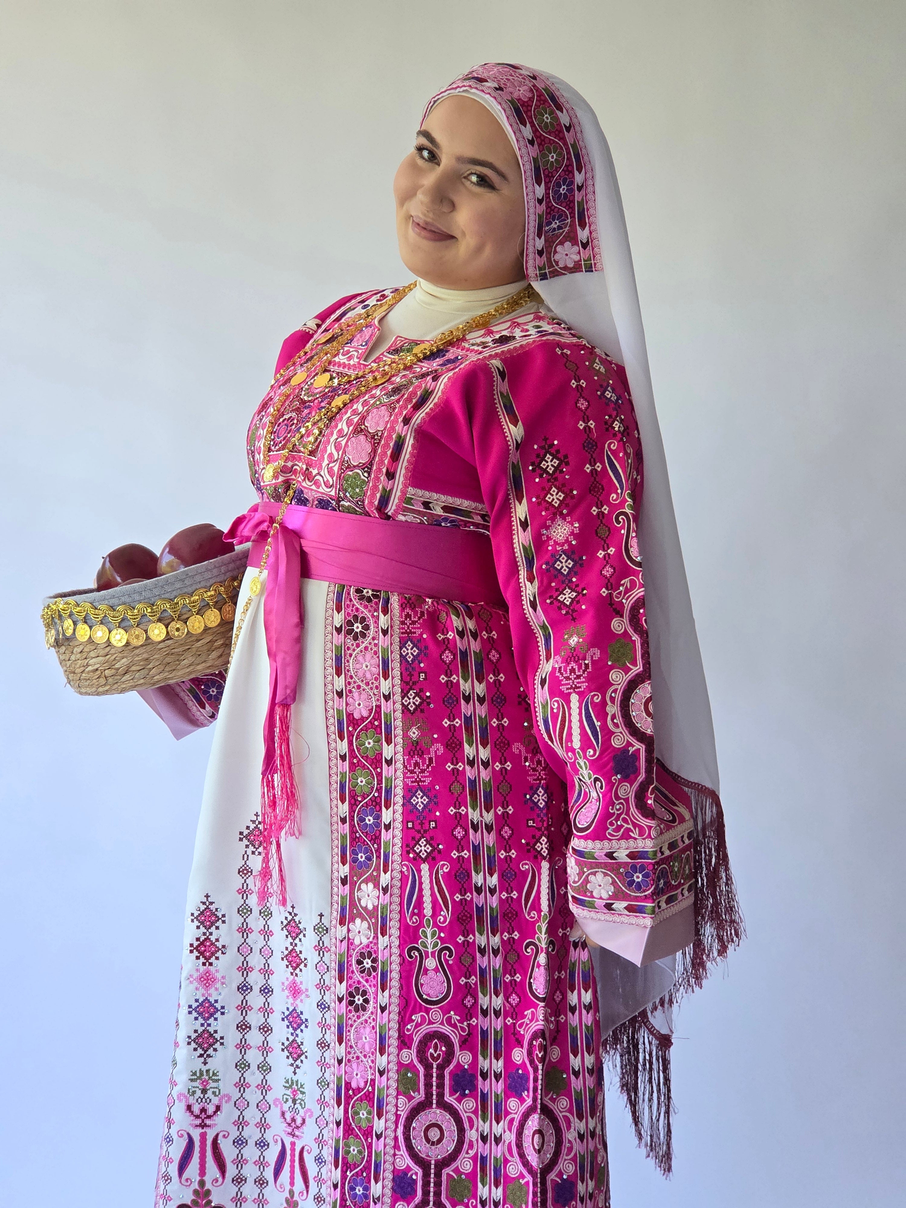 The Lujian Thobe - Hot Pink and White Diamond Traditional Full Tatreez Back and Front Thobe With Matching Head Veil