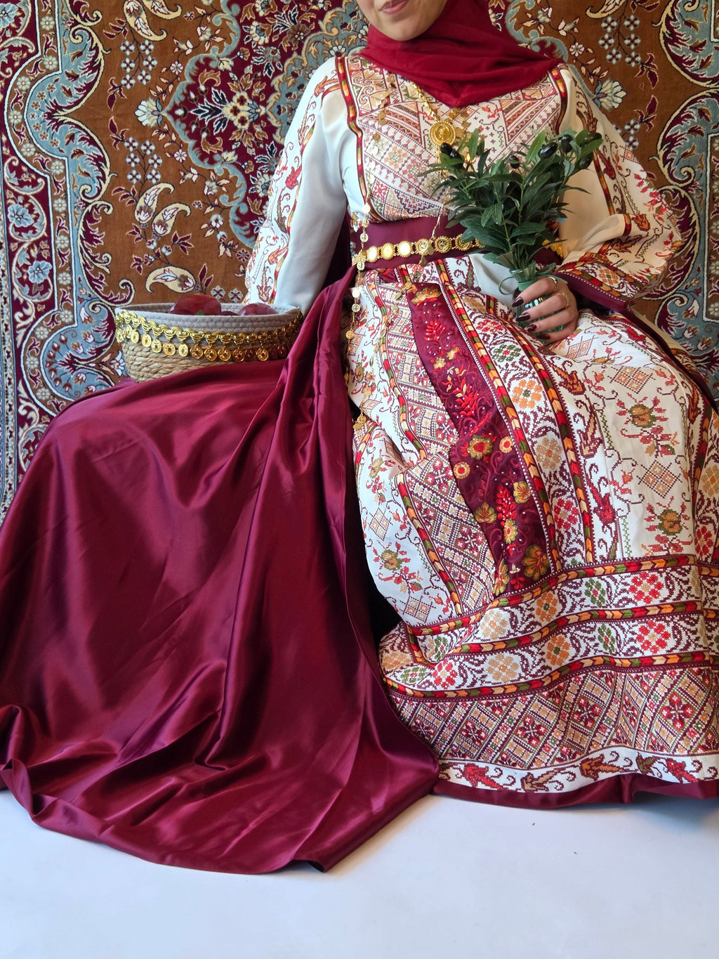 The Lamees Thobe - Bridal White and Burgundy Traditional Full tatreez Back and Front Thobe With Matching Head Veil