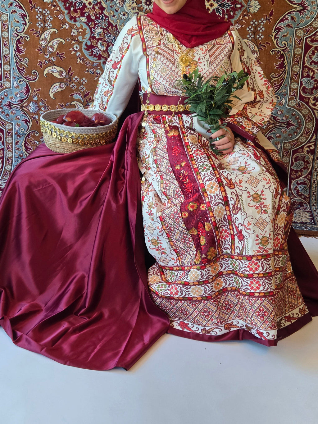The Lamees Thobe - Bridal White and Burgundy Traditional Full tatreez Back and Front Thobe With Matching Head Veil