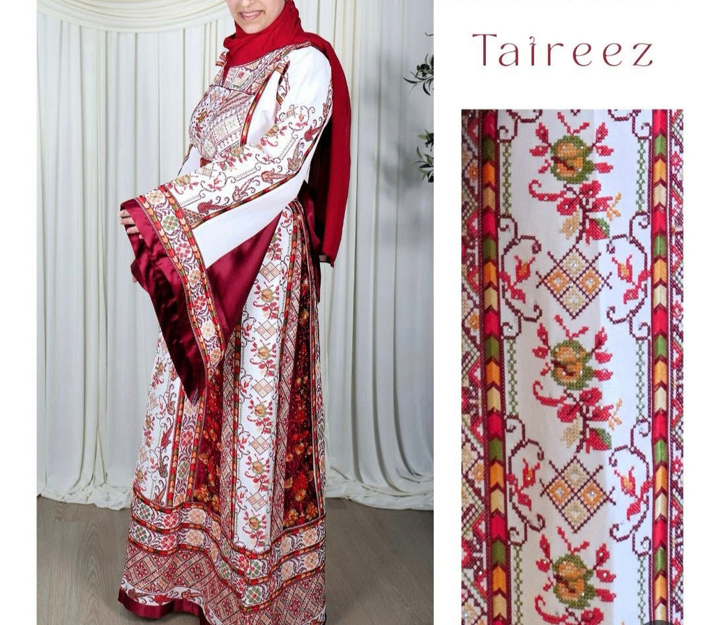 The Lamees Thobe - Bridal White and Burgundy Traditional Full tatreez Back and Front Thobe With Matching Head Veil