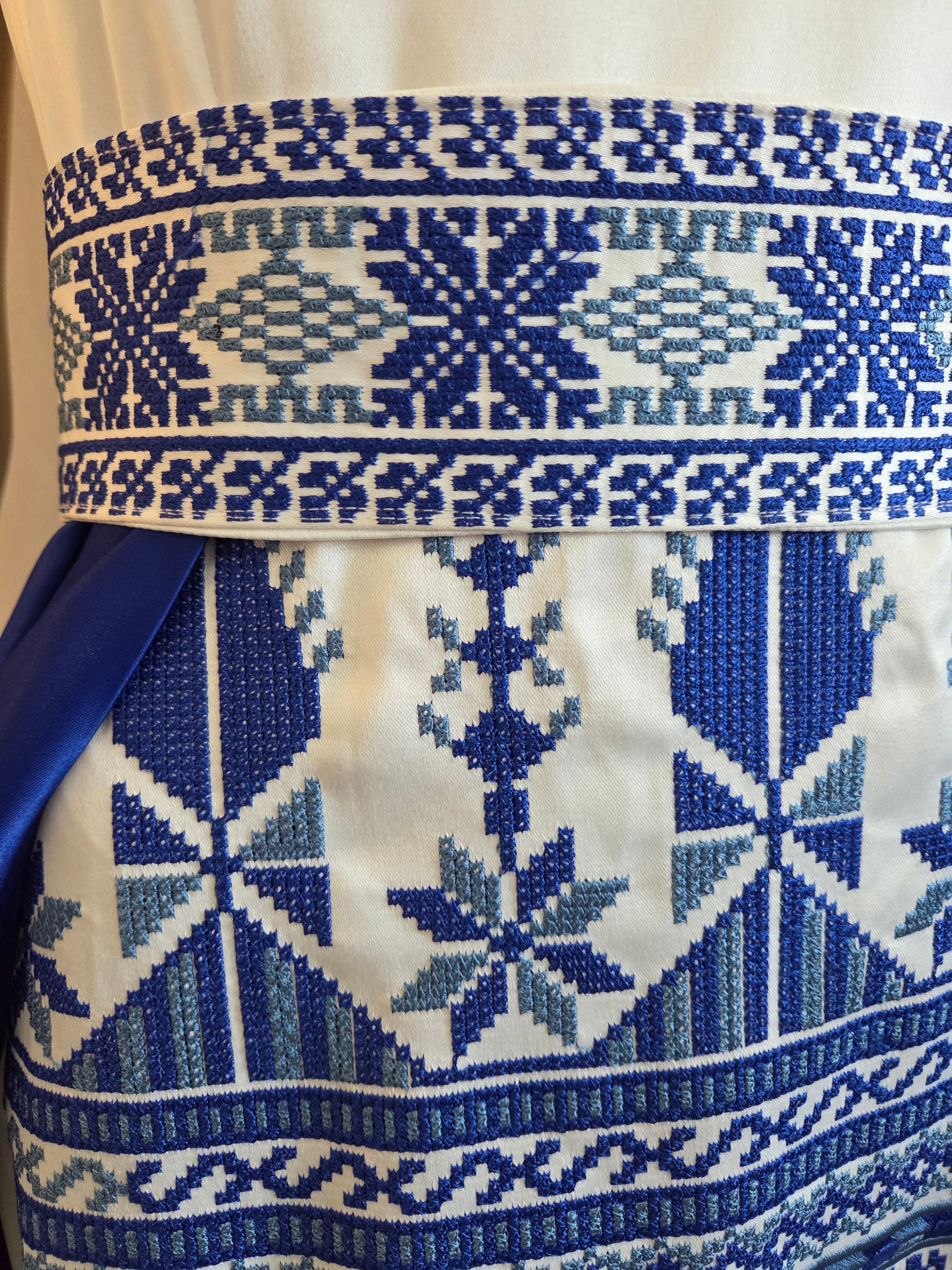 The Yaffa Thobe - Henna Blue and White Tatreez Bridal Sleeveless Long Train Thobe dress
