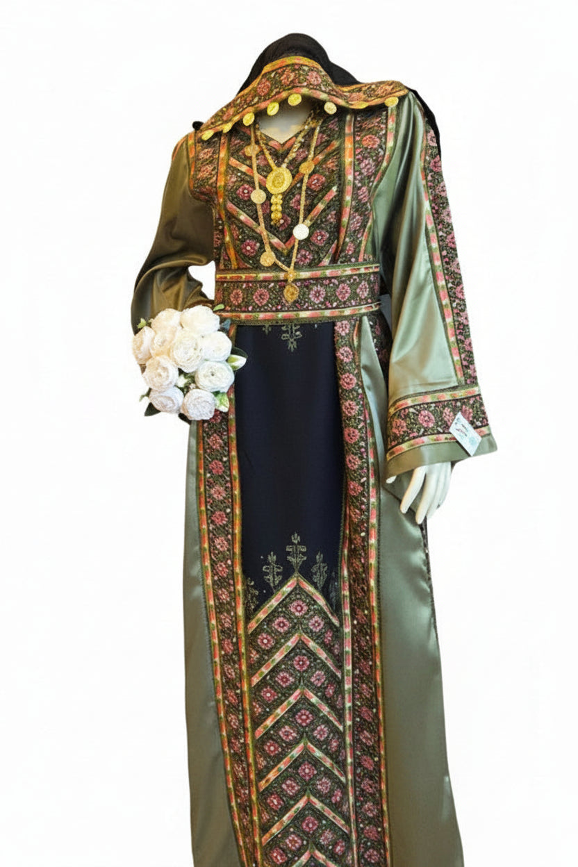 Nabuls Thobe - Olive Green and Beige Traditional Full Tatreez Back and Front Thobe