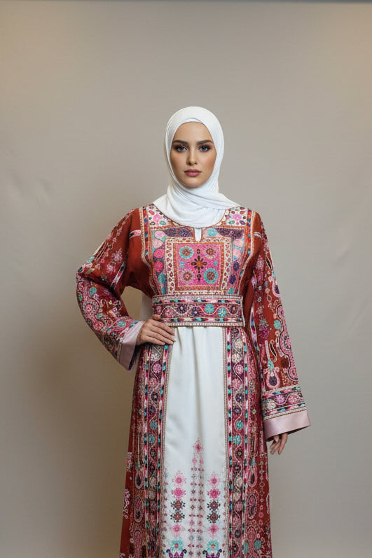 The Lujian Thobe - Luxurious | Orange With Pink & White | Palestinian Tatreez Thobe/Dress
