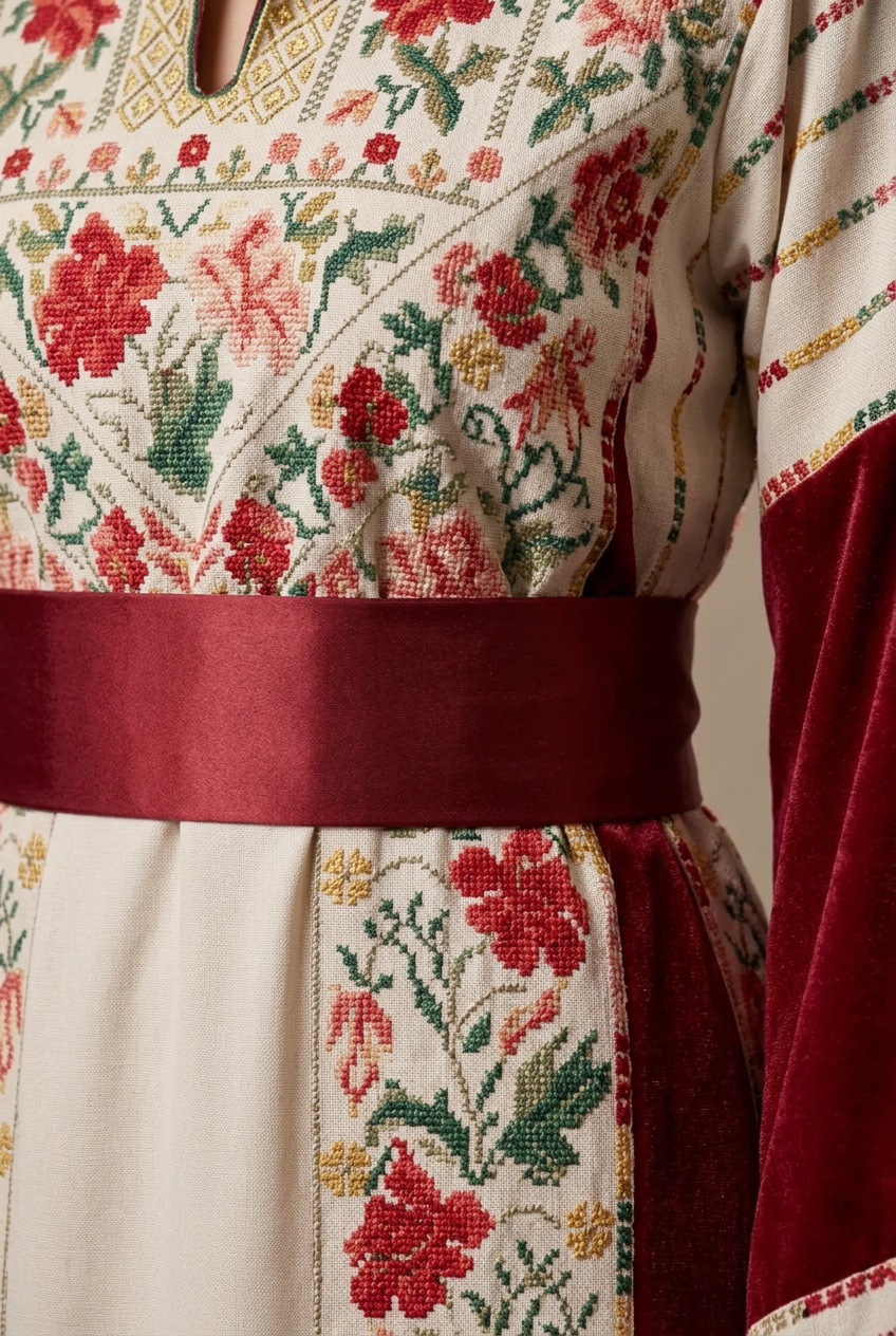The Lelia Thobe - Luxurious | Red & Beige | Palestinian Tatreez Thobe/Dress
