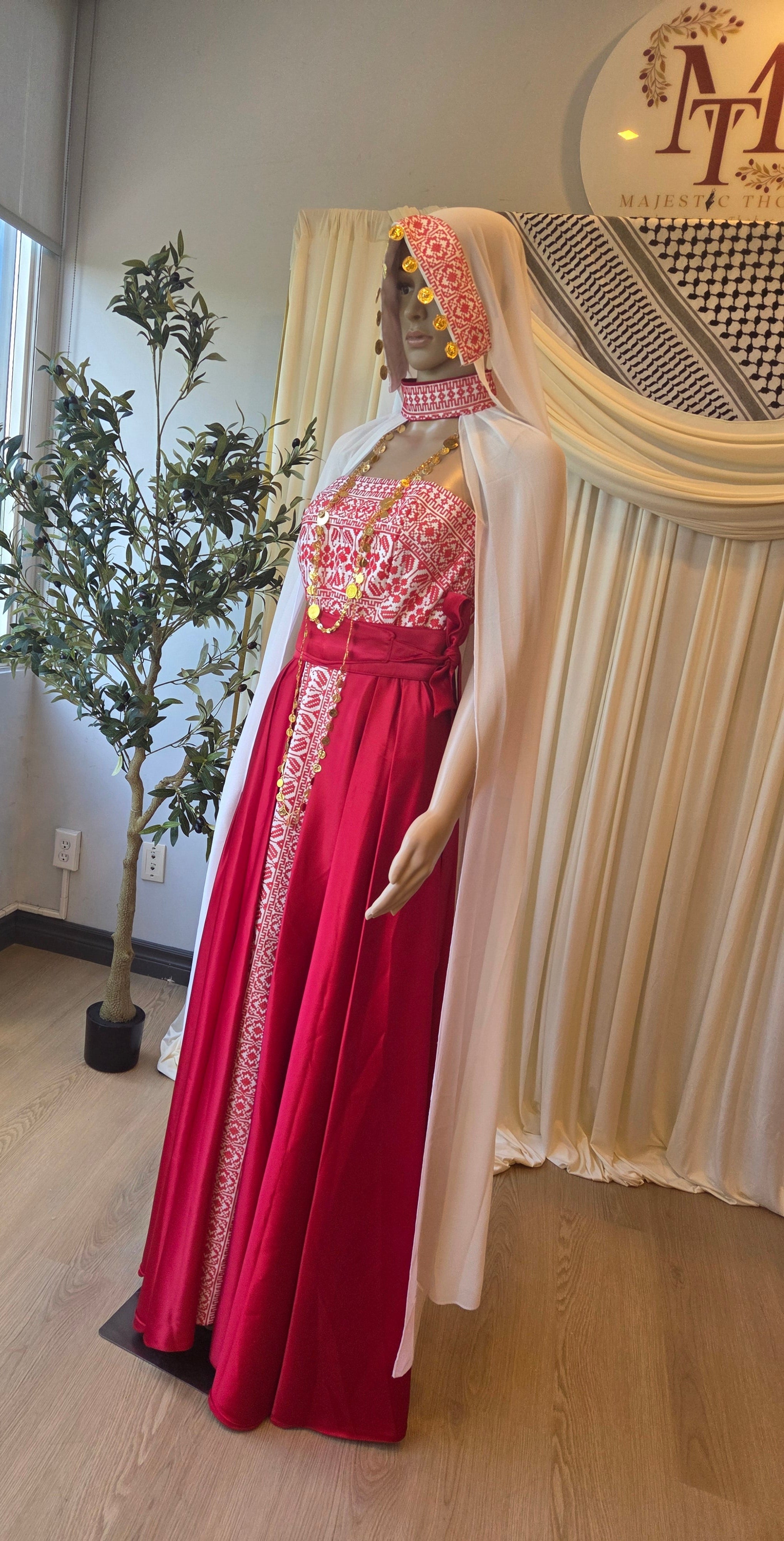 The Rafah - Red & White Modern Strapless Full Tatreez Thobe ( 4 Pieces)