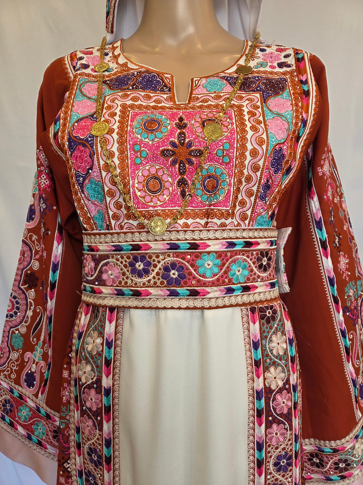 The Lujian Thobe - Luxurious | Orange With Pink & White | Palestinian Tatreez Thobe/Dress