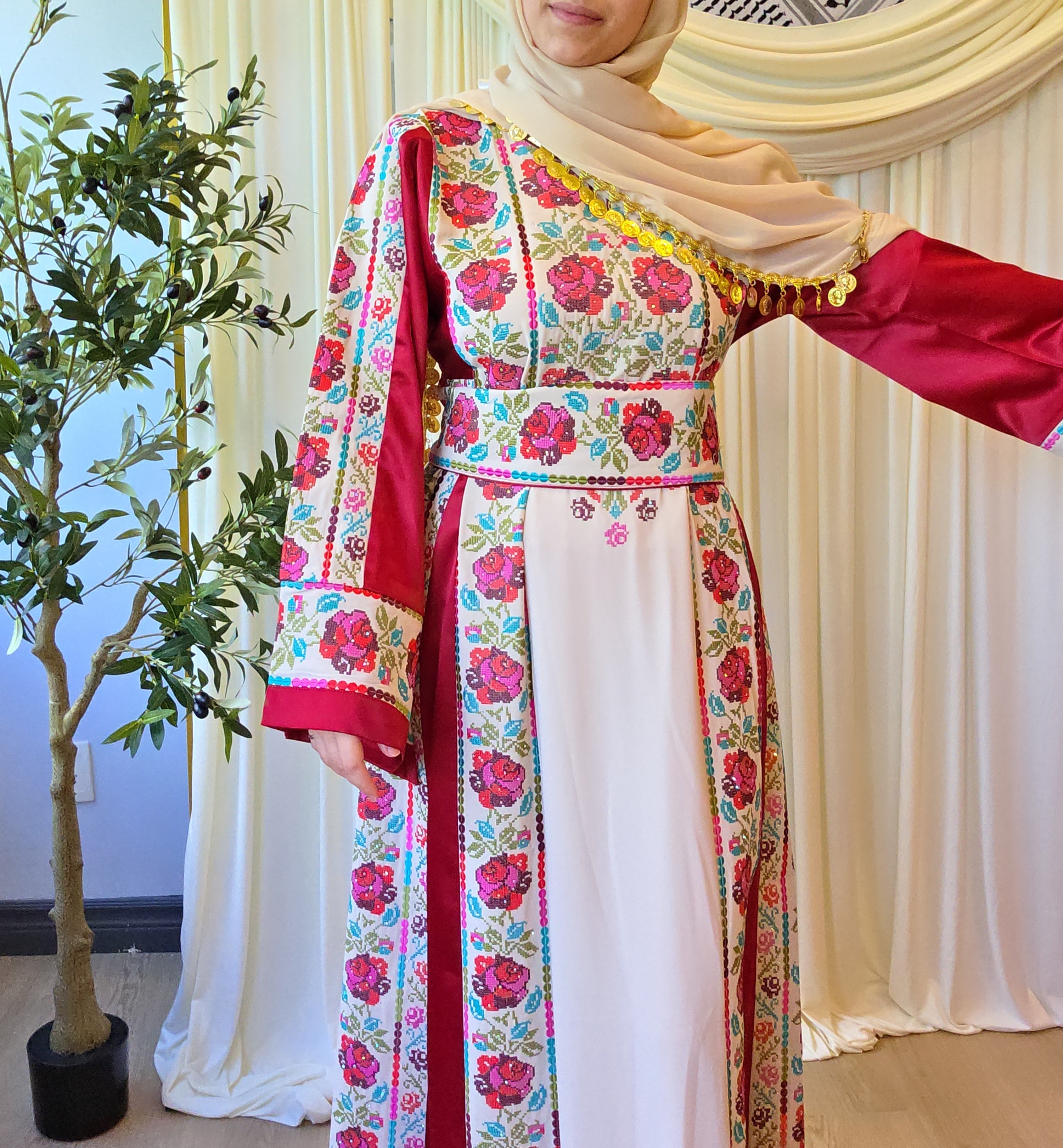 The Warda Thobe - Burgundy Traditional Full Tatreez Back and Front With Satin Thobe