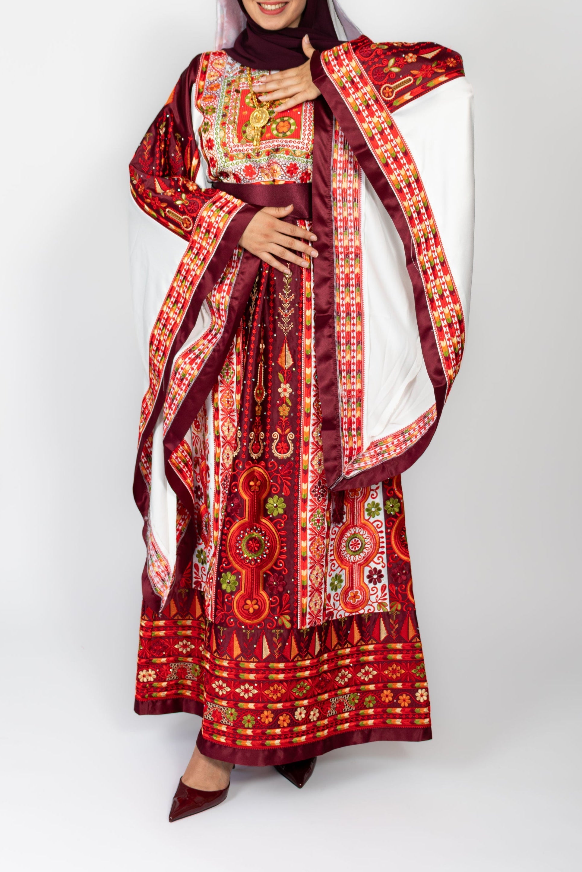 The Celine Thobe - Palestinian Embroidered White & Burgendy Thobe with Matching Head Veil, Belt & Extra Long Sleeves | Traditional Tatreez Dress