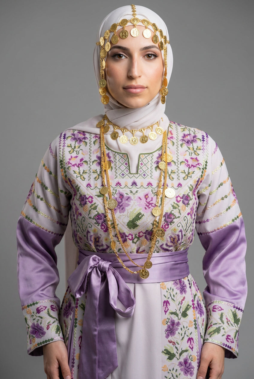 The Lelia Thobe - Luxurious | Lilac & Beige | Palestinian Tatreez Thobe/Dress