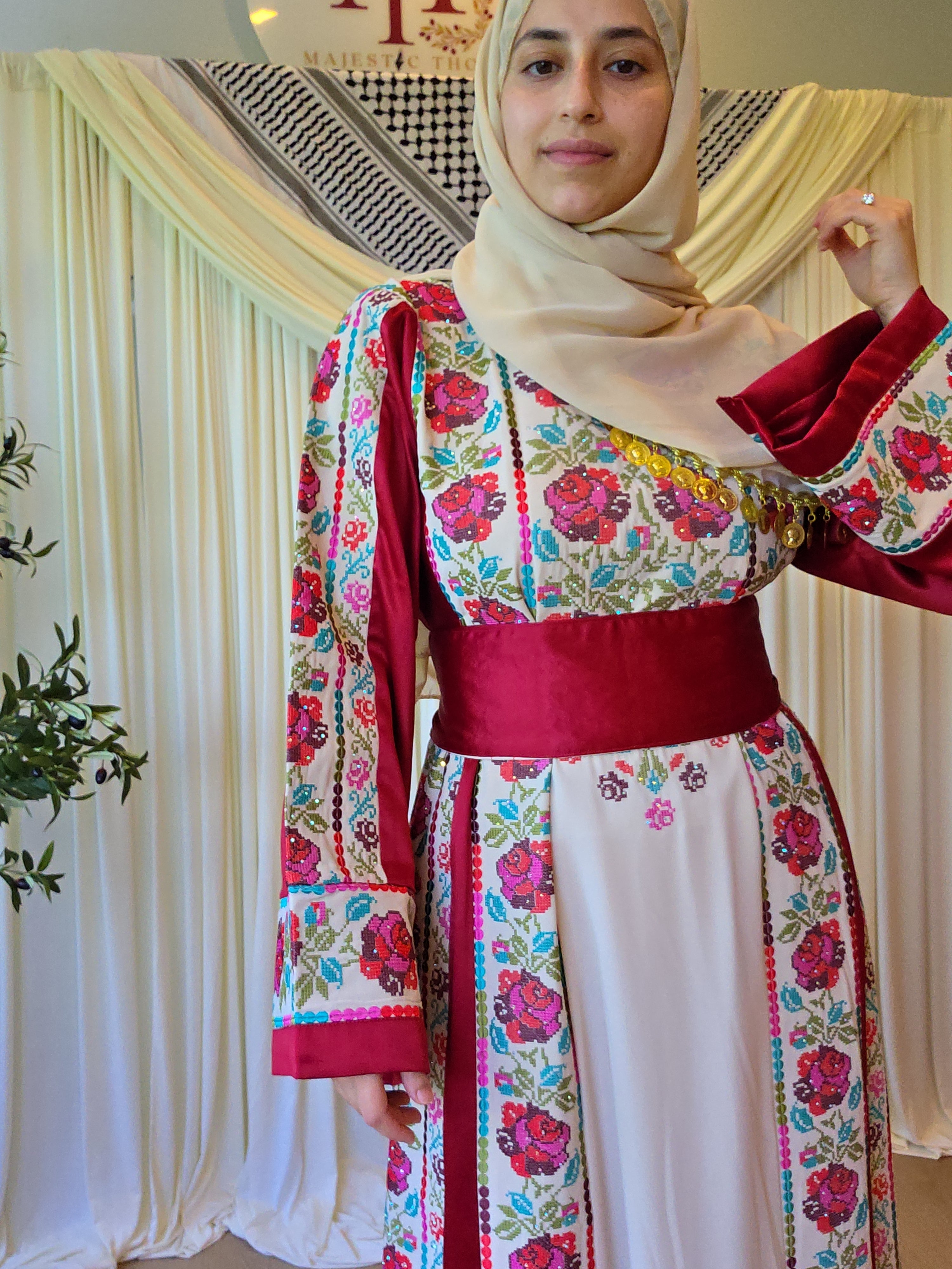 The Warda Thobe - Burgundy Traditional Full Tatreez Back and Front With Satin Thobe